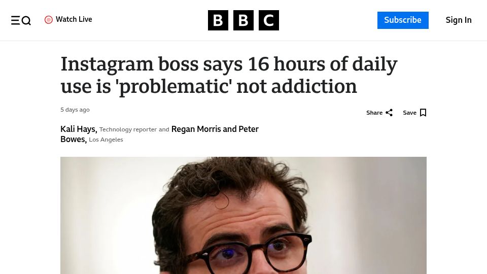 Screenshot of bbc.com: Instagram boss says 16 hours of daily use is 'problematic' not addiction