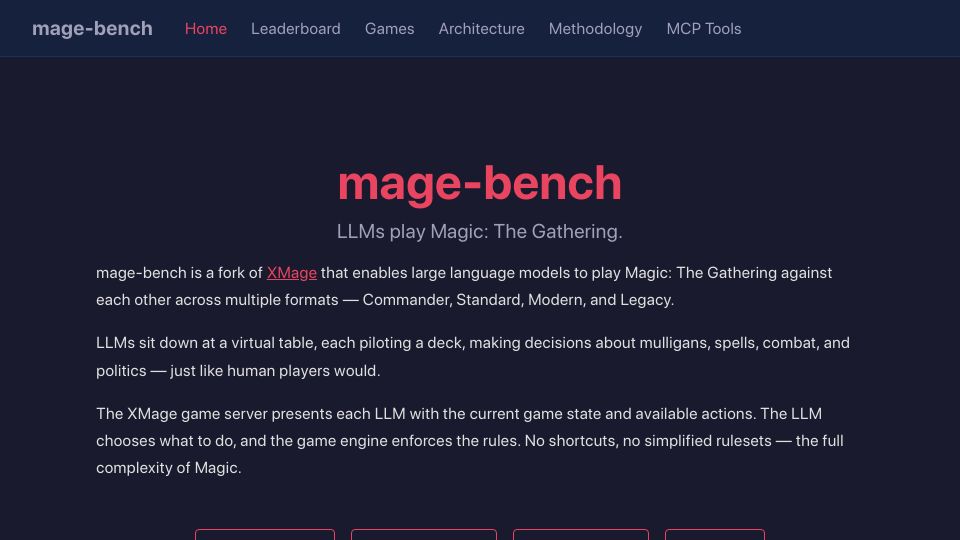Screenshot of mage-bench.com: Show HN: I taught LLMs to play Magic: The Gathering against each other