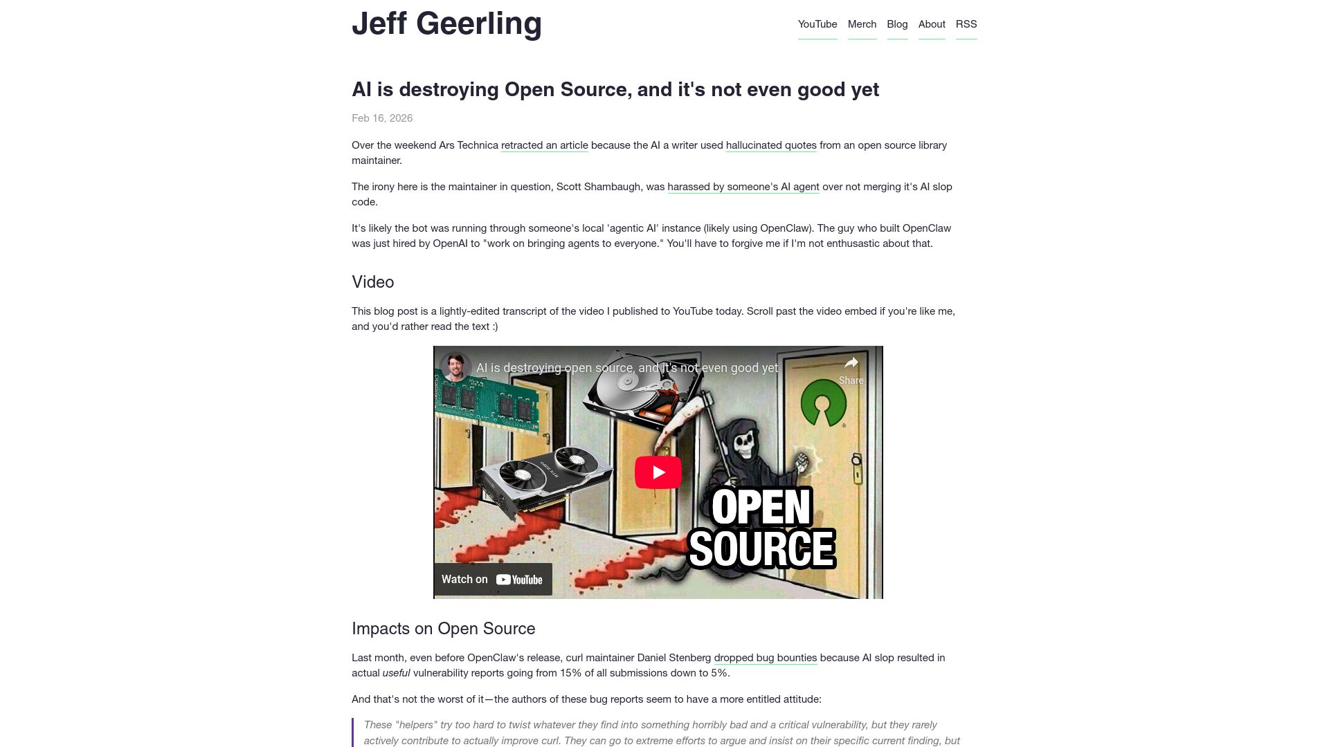 Screenshot of jeffgeerling.com: AI is destroying Open Source, and it's not even good yet
