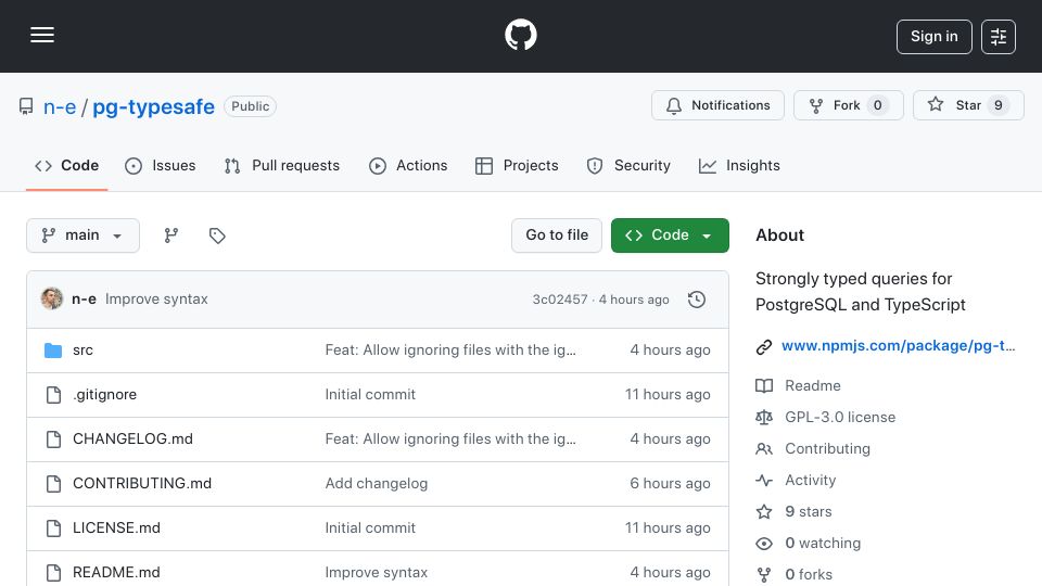 Screenshot of github.com: Show HN: Pg-typesafe – Strongly typed queries for PostgreSQL and TypeScript