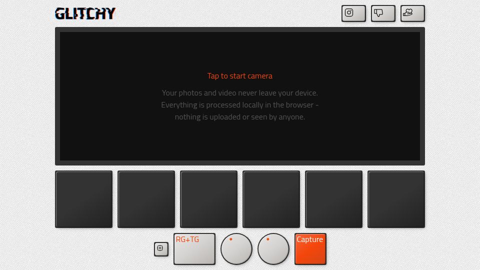 Screenshot of glitchycam.com: Show HN: Glitchy camera – a circuit-bent camera simulator in the browser