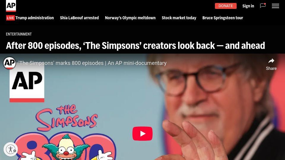 Screenshot of apnews.com: After 800 episodes, 'The Simpsons' creators look back and ahead