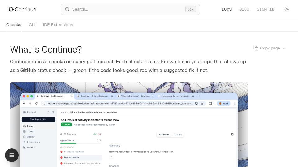 Screenshot of docs.continue.dev: Show HN: Continue – Source-controlled AI checks, enforceable in CI