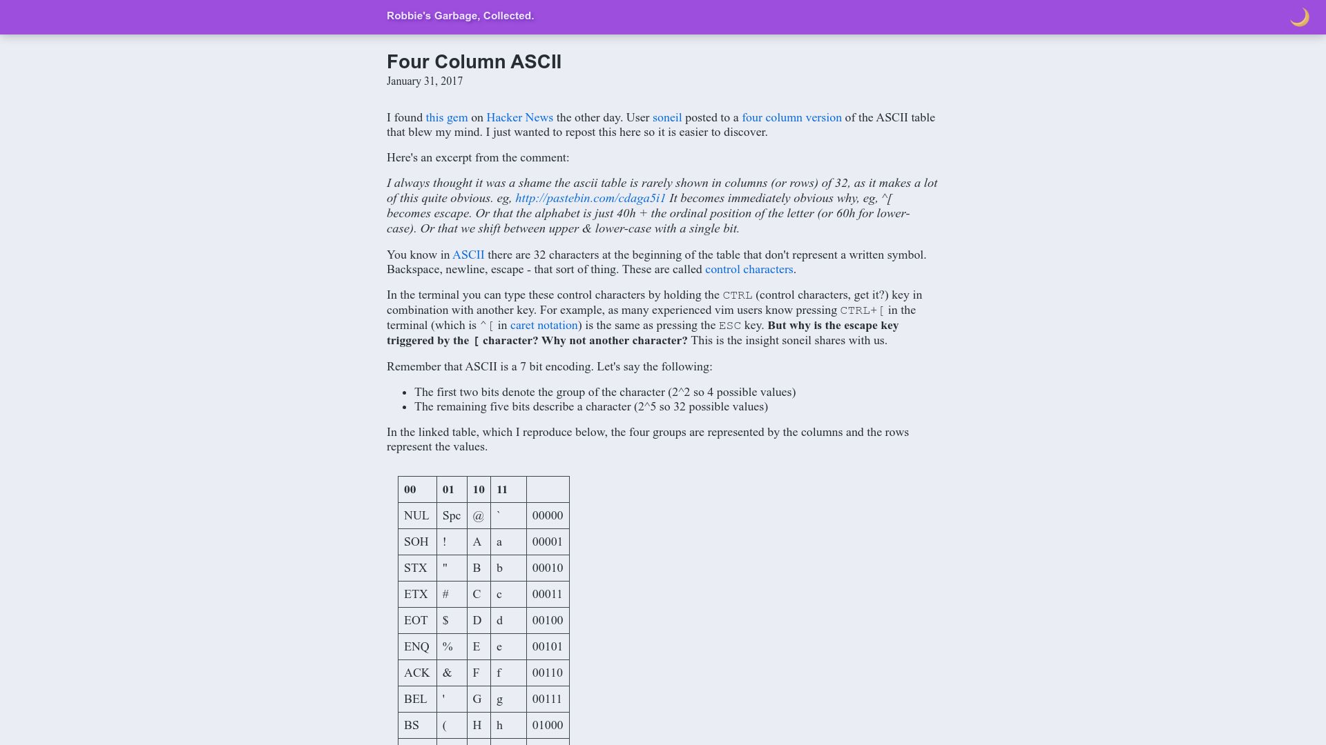 Screenshot of garbagecollected.org: Four Column ASCII (2017)