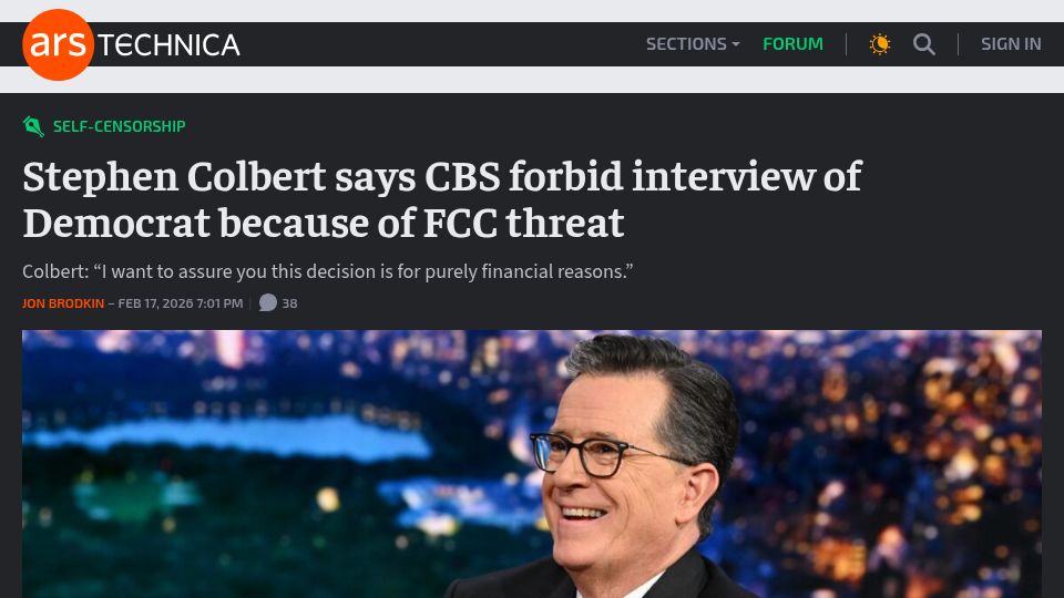Screenshot of arstechnica.com: Stephen Colbert says CBS forbid interview of Democrat because of FCC threat