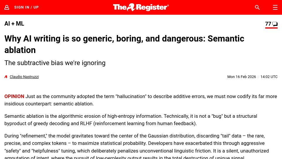 Screenshot of theregister.com: Semantic ablation: Why AI writing is generic and boring