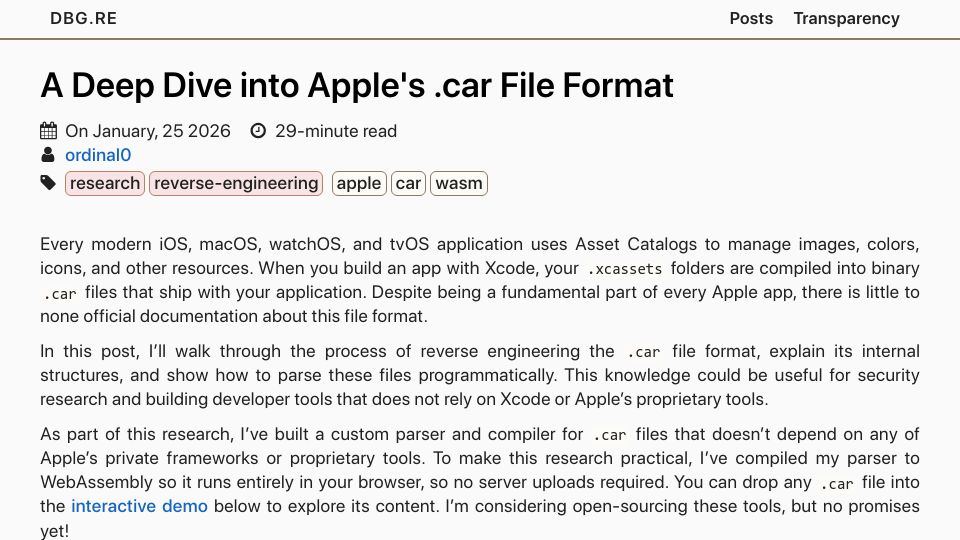 Screenshot of dbg.re: A deep dive into Apple's .car file format