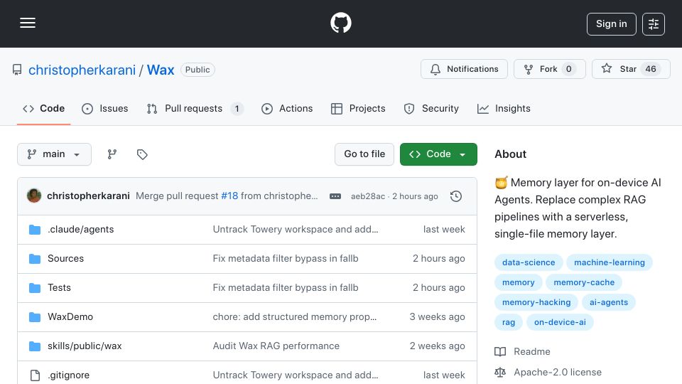 Screenshot of github.com: Sub-Millisecond RAG on Apple Silicon. No Server. No API. One File
