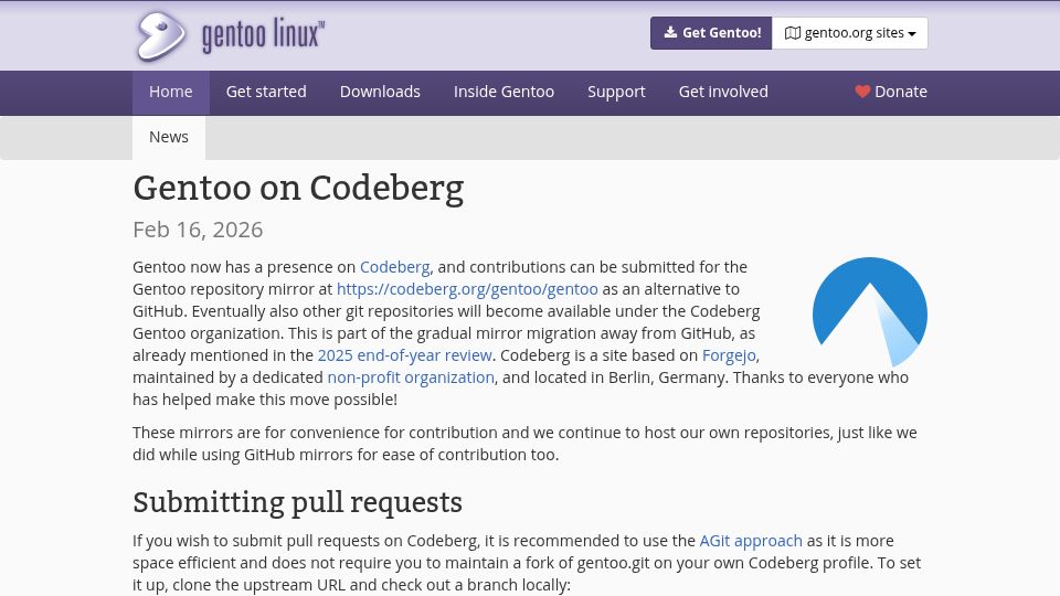 Screenshot of gentoo.org: Gentoo on Codeberg