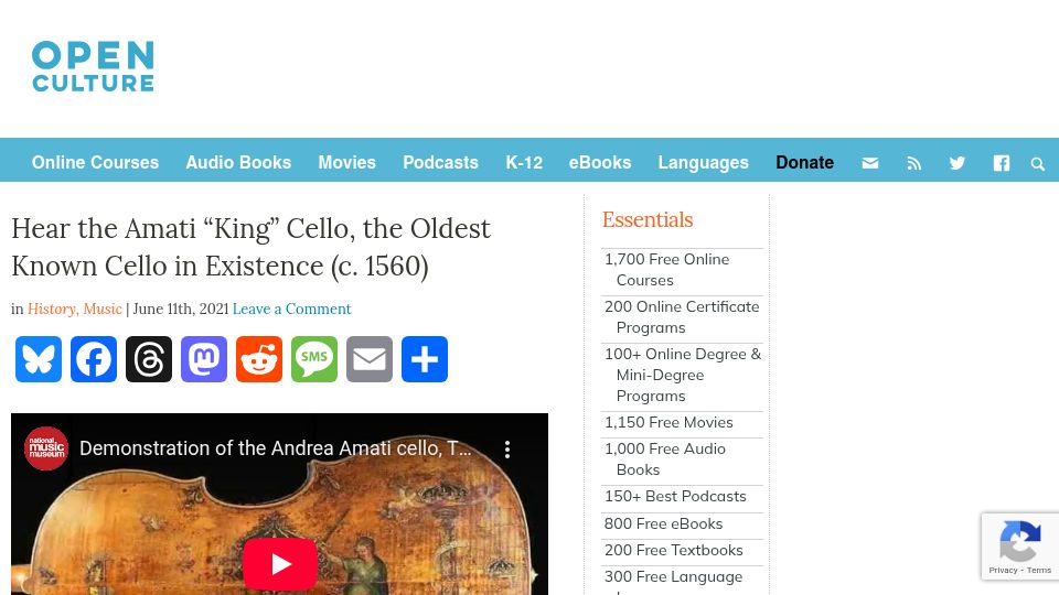 Screenshot of openculture.com: Hear the "Amati King Cello", the Oldest Known Cello in Existence