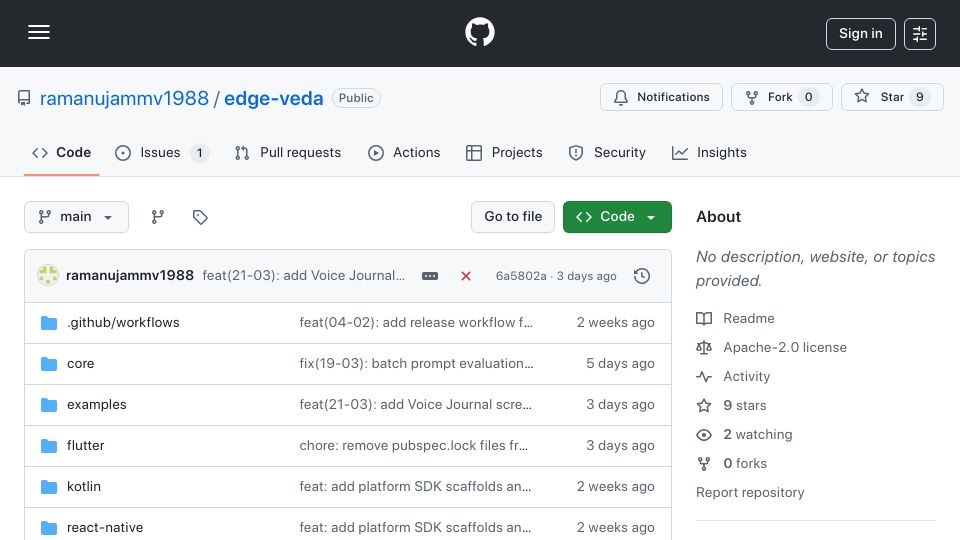 Screenshot of github.com: Run LLMs locally in Flutter with <200ms latency