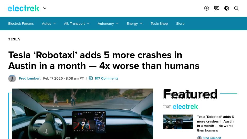 Screenshot of electrek.co: Tesla 'Robotaxi' adds 5 more crashes in Austin in a month – 4x worse than humans