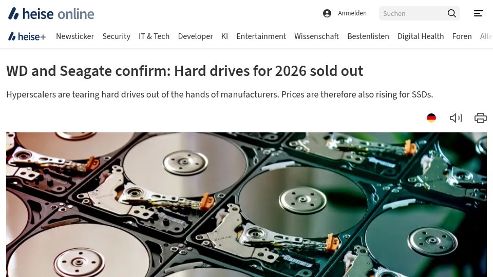 Screenshot of heise.de: WD and Seagate confirm: Hard drives sold out for 2026