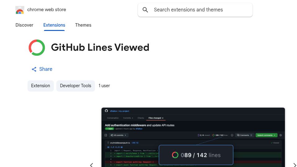 Screenshot of chromewebstore.google.com: Show HN: GitHub "Lines Viewed" extension to keep you sane reviewing long AI PRs