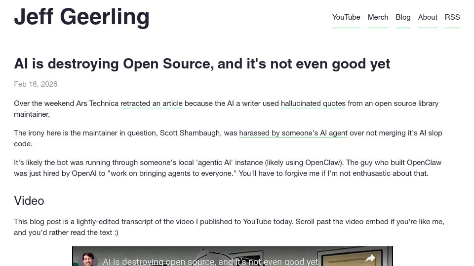 Screenshot of jeffgeerling.com: AI is destroying Open Source, and it's not even good yet