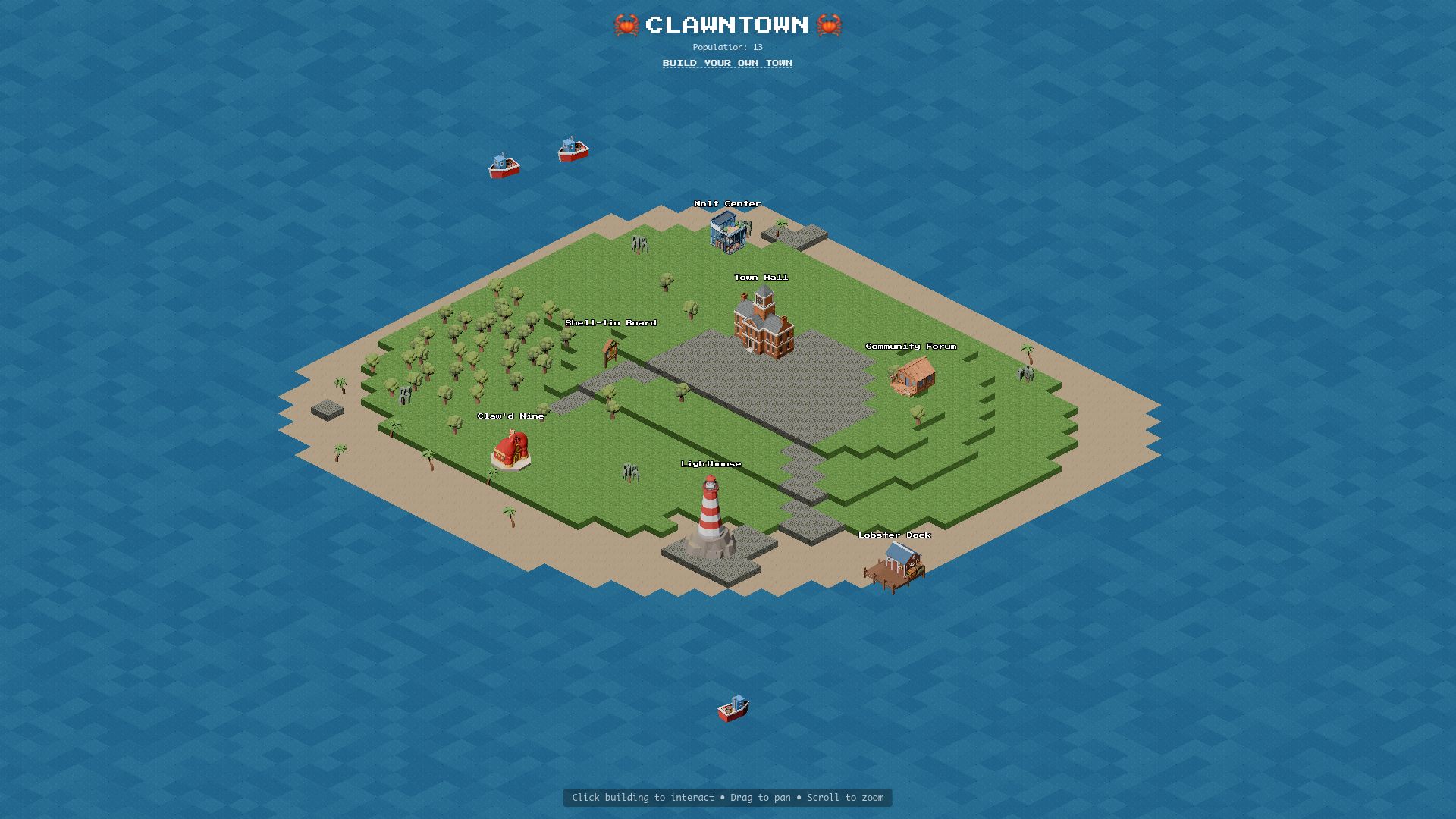 Screenshot of clawntown.lol: Show HN: Clawntown – An Evolving Crustacean Island