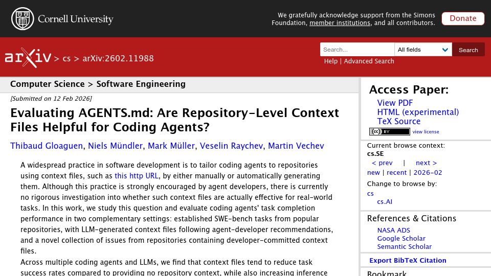 Screenshot of arxiv.org: Evaluating AGENTS.md: are they helpful for coding agents?