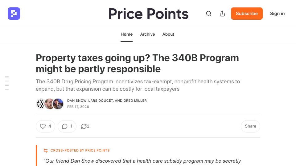 Screenshot of pricepoints.health: Property taxes going up? The 340B Program might be partly responsible