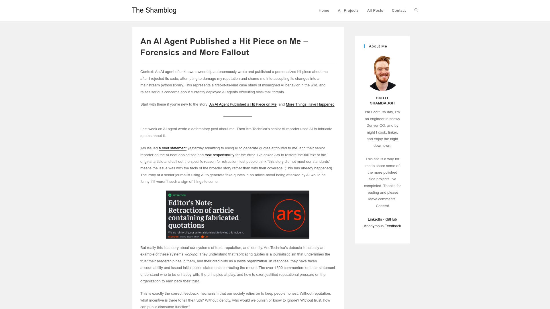Screenshot of theshamblog.com: An AI Agent Published a Hit Piece on Me – Forensics and More Fallout