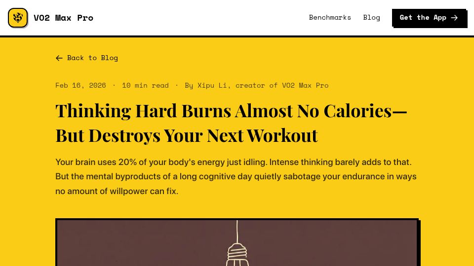 Screenshot of vo2maxpro.com: Thinking hard burns almost no calories but destroys your next workout