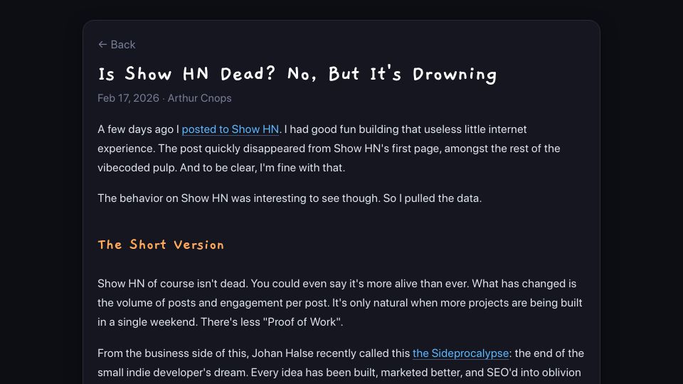 Screenshot of arthurcnops.blog: Is Show HN dead? No, but it's drowning