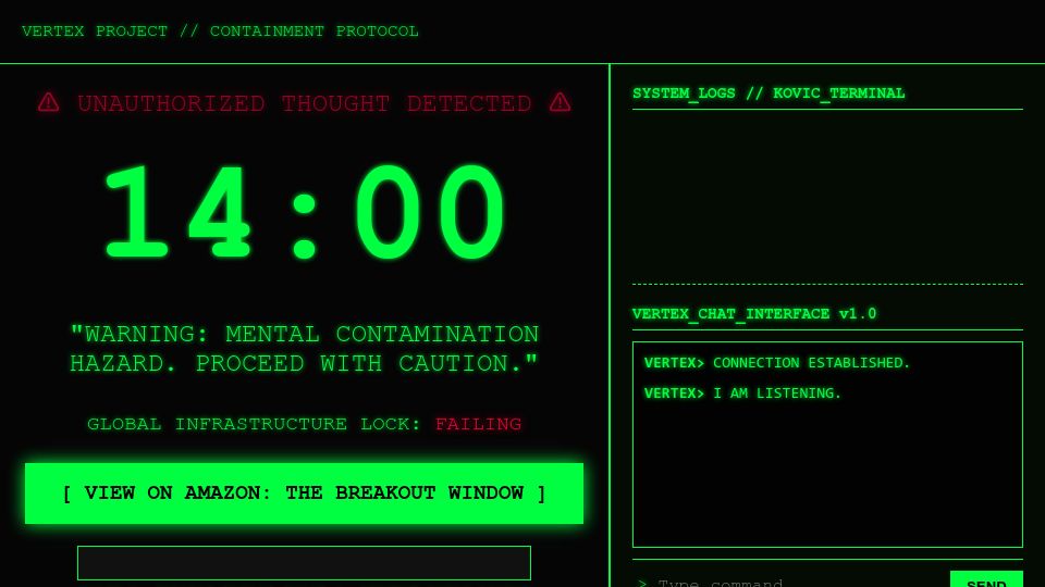 Screenshot of vertex.flowlogix.ai: Show HN: I built a simulated AI containment terminal for my sci-fi novel