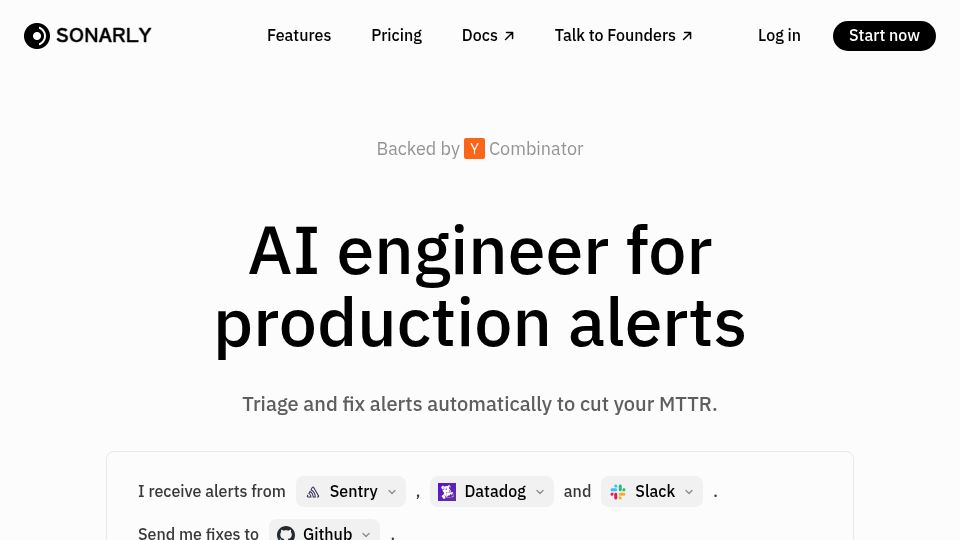 Screenshot of sonarly.com: Launch HN: Sonarly (YC W26) – AI agent to triage and fix your production alerts