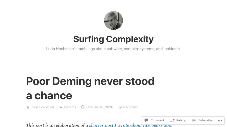 Screenshot of surfingcomplexity.blog: Poor Deming never stood a chance