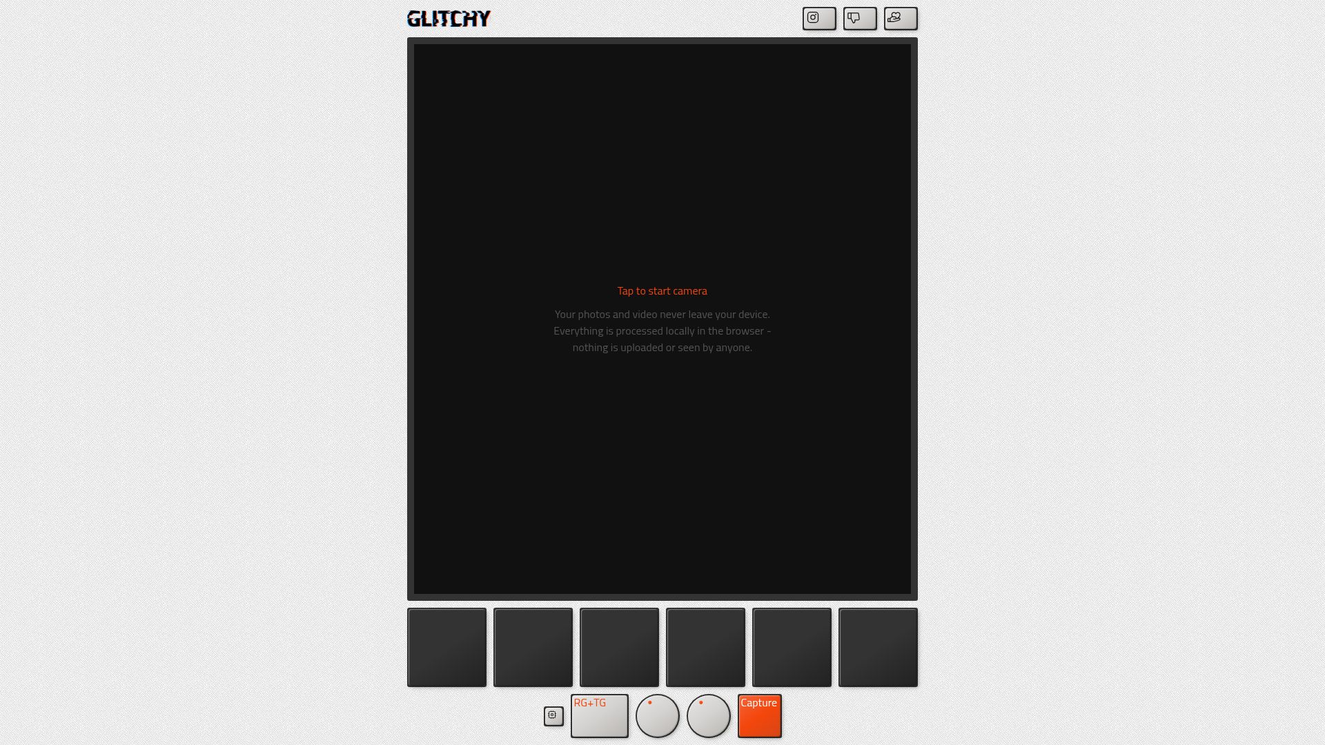 Screenshot of glitchycam.com: Show HN: Glitchy camera – a circuit-bent camera simulator in the browser