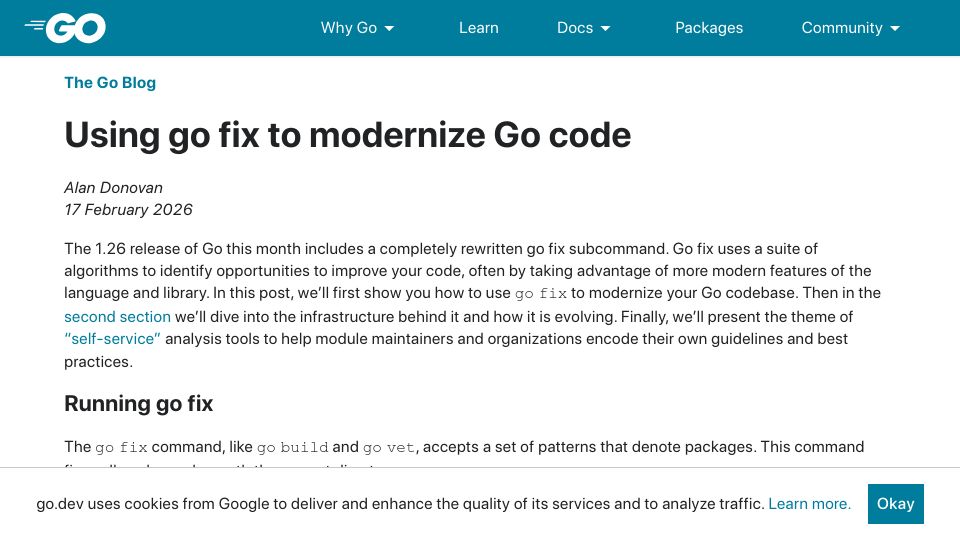Screenshot of go.dev: Using go fix to modernize Go code