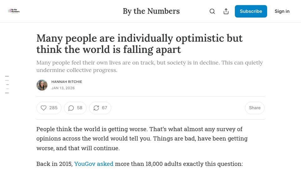 Screenshot of hannahritchie.substack.com: Most people are individually optimistic, but think the world is falling apart