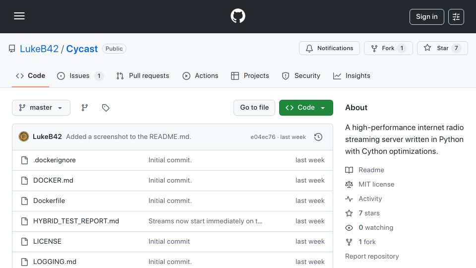 Screenshot of github.com: Show HN: Cycast – High-performance radio streaming server written in Python