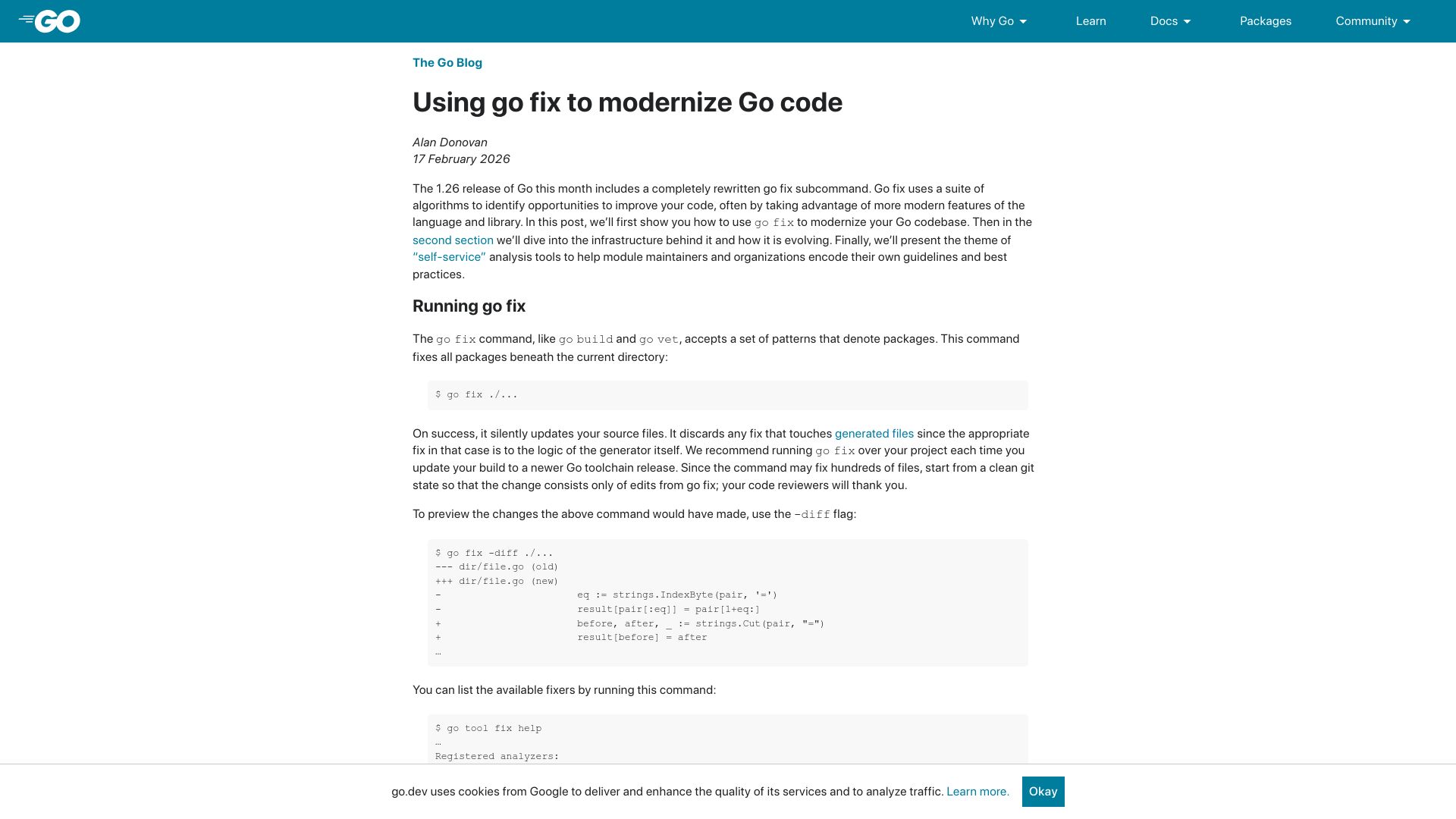 Screenshot of go.dev: Using go fix to modernize Go code