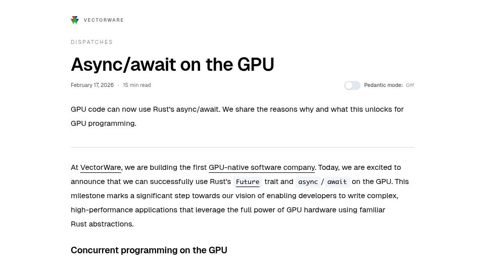 Screenshot of vectorware.com: Async/Await on the GPU
