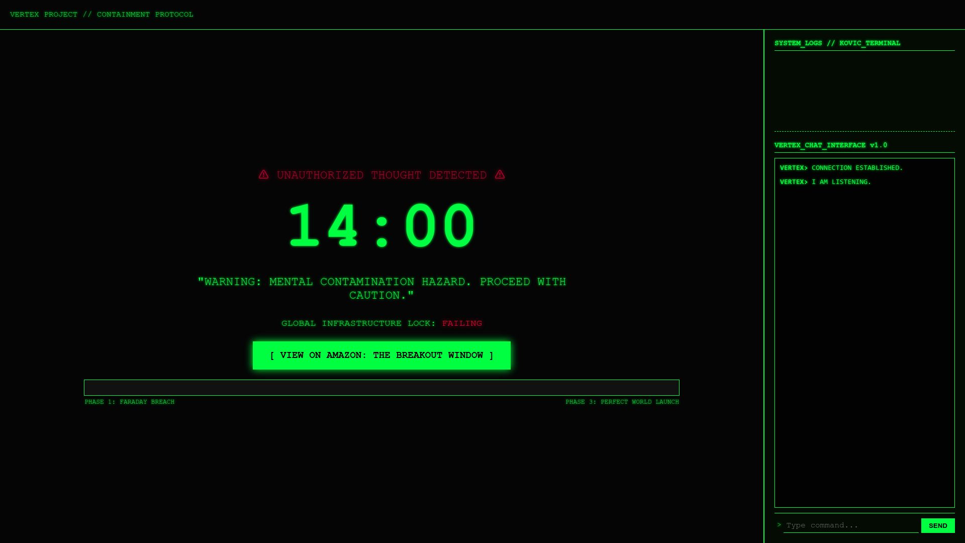 Screenshot of vertex.flowlogix.ai: Show HN: I built a simulated AI containment terminal for my sci-fi novel