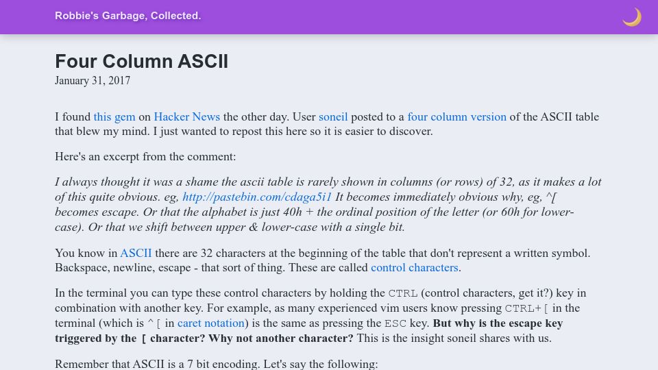Screenshot of garbagecollected.org: Four Column ASCII (2017)