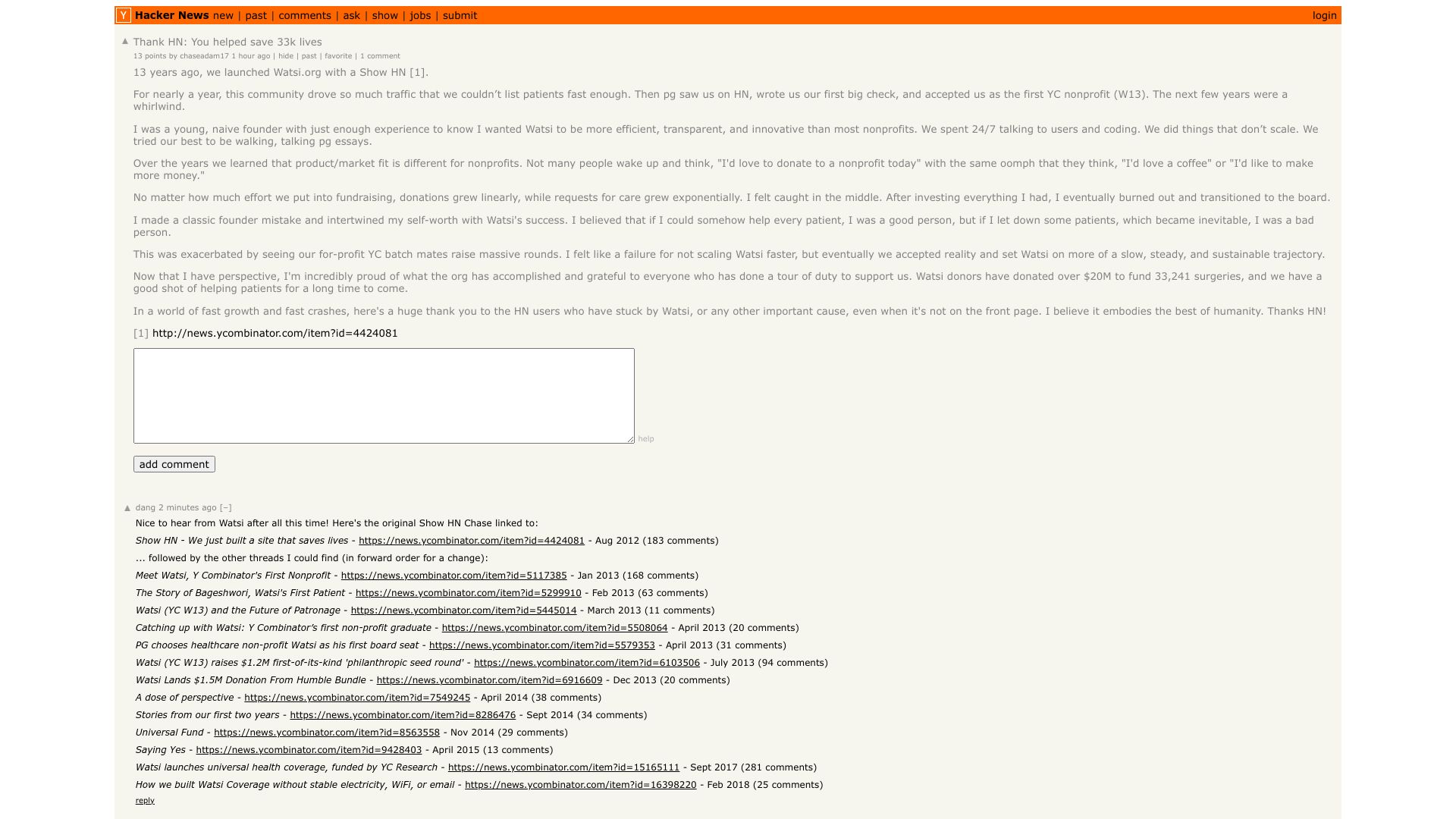 Screenshot of this Hacker News post: Thank HN: You helped save 33k lives