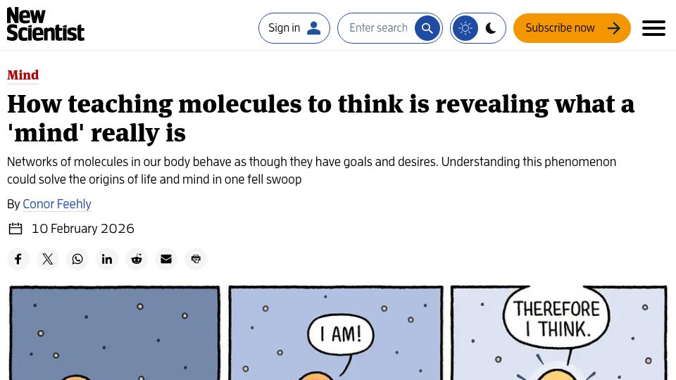 Screenshot of newscientist.com: How teaching molecules to think is revealing what a 'mind' is