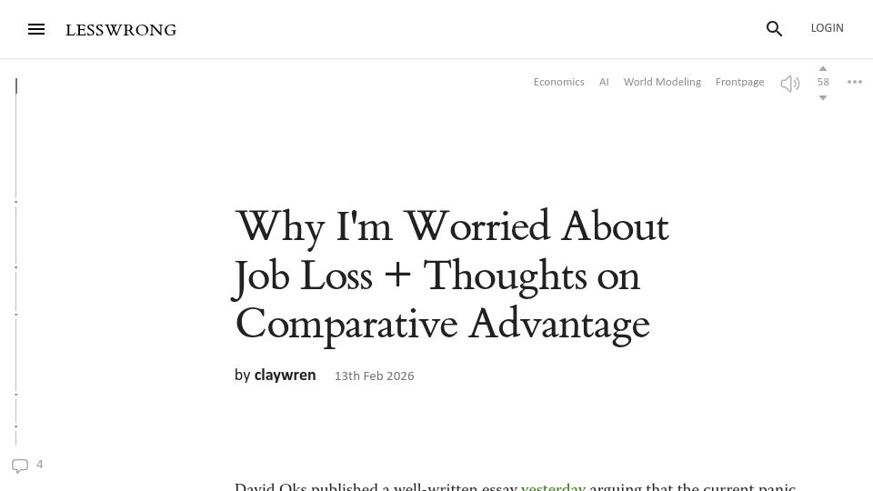 Screenshot of lesswrong.com: Why I'm Worried About Job Loss and Thoughts on Comparative Advantage