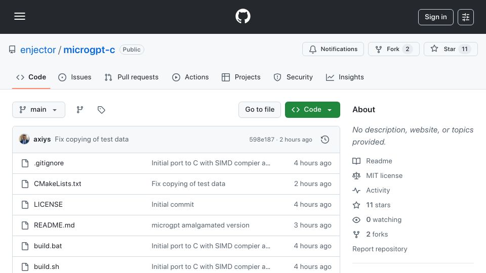 Screenshot of github.com: Show HN: Andrej Karpathy's microgpt.py to C99 microgpt.c – 4,600x faster