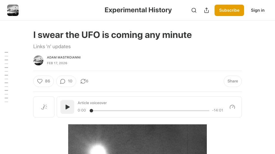 Screenshot of experimental-history.com: I swear the UFO is coming any minute
