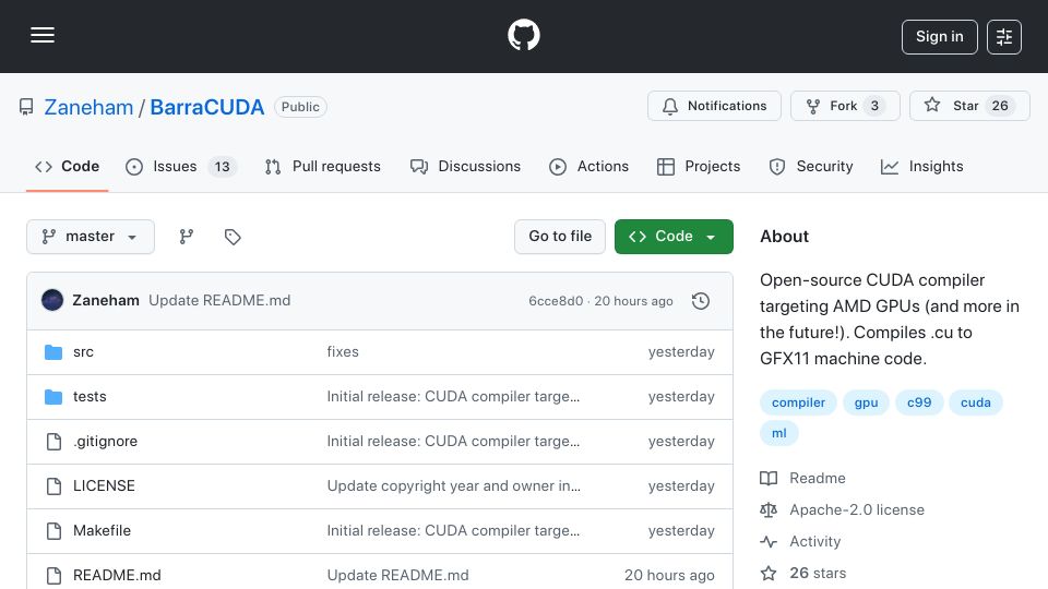 Screenshot of github.com: BarraCUDA Open-source CUDA compiler targeting AMD GPUs