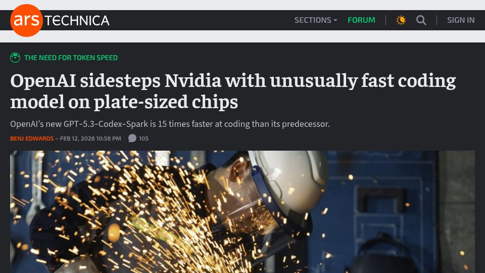 Screenshot of arstechnica.com: Nvidia with unusually fast coding model on plate-sized chips