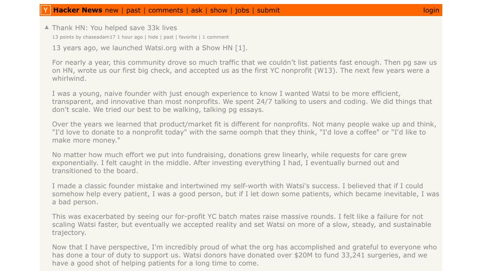 Screenshot of Hacker News post: Thank HN: You helped save 33k lives
