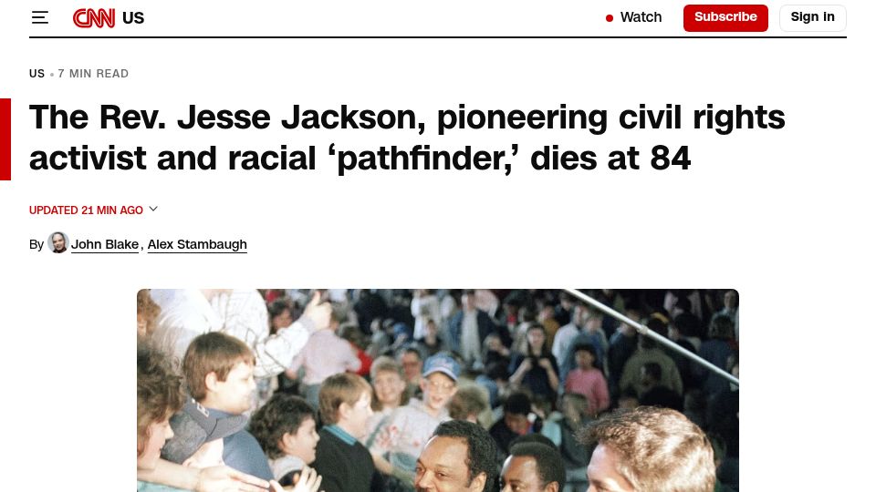 Screenshot of cnn.com: The Rev. Jesse Jackson, pioneering civil rights activist, dies at 84