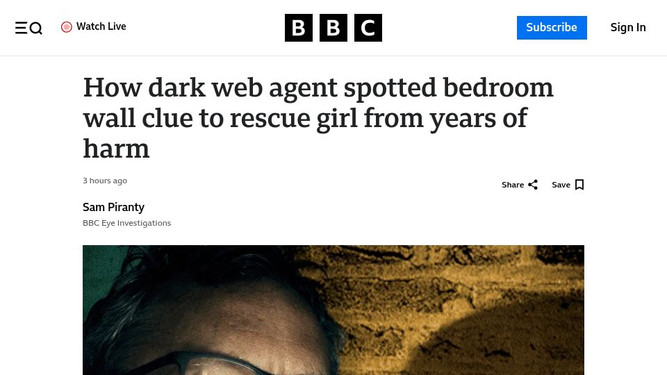 Screenshot of bbc.com: Dark web agent spotted bedroom wall clue to rescue girl from abuse