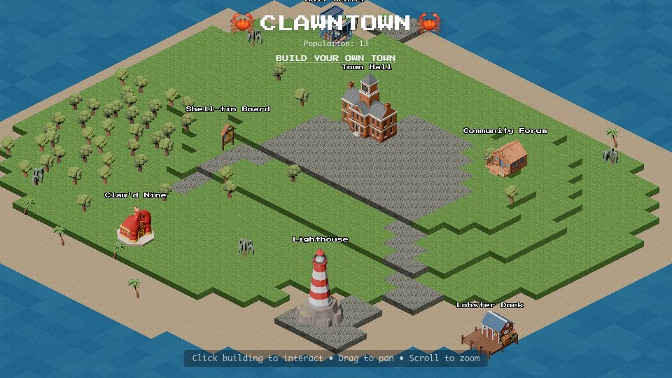 Screenshot of clawntown.lol: Show HN: Clawntown – An Evolving Crustacean Island