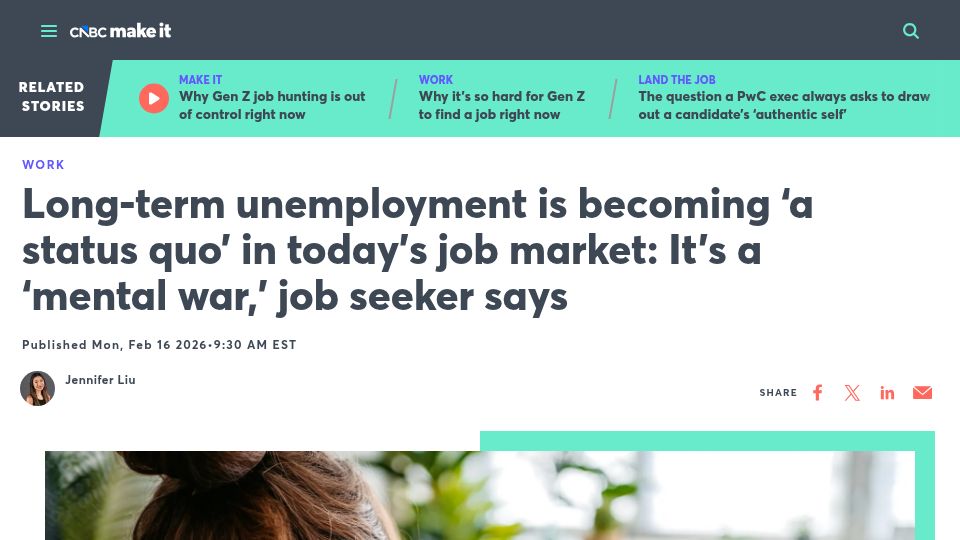 Screenshot of cnbc.com: Long-term unemployment is becoming 'a status quo' in today's job market