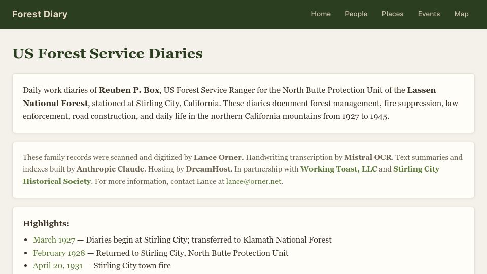 Screenshot of forestrydiary.com: Show HN: Scanned 1927-1945 Daily USFS Work Diary
