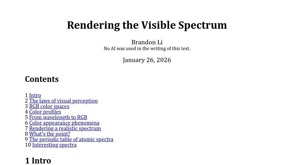 Screenshot of brandonli.net: Rendering the Visible Spectrum
